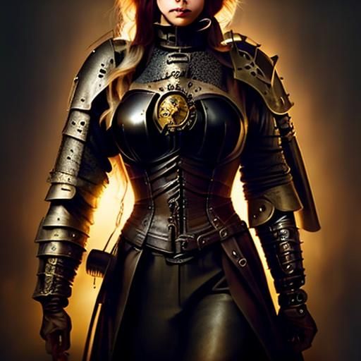 Steampunk Half-Elf Witch Hunter in Medieval Alleyway