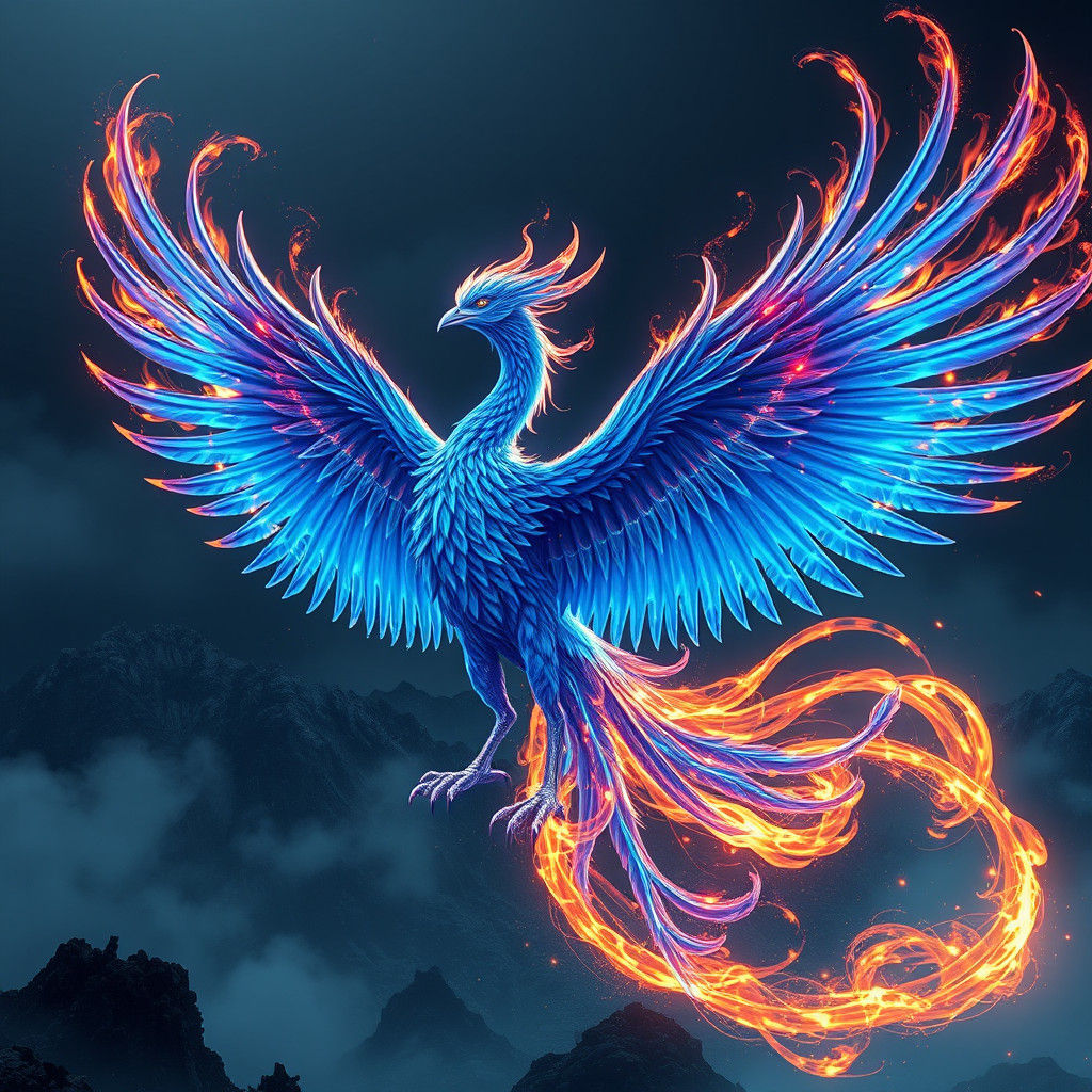 Majestic Blue Fire Phoenix Spreading Wings