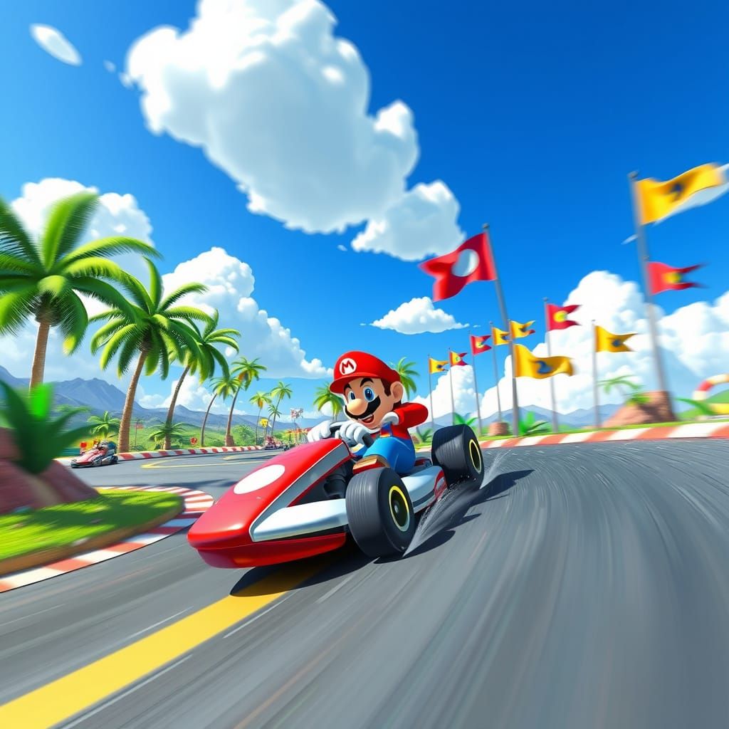 Vibrant Mario Kart Racing Scene in Exaggerated Futuristic St...