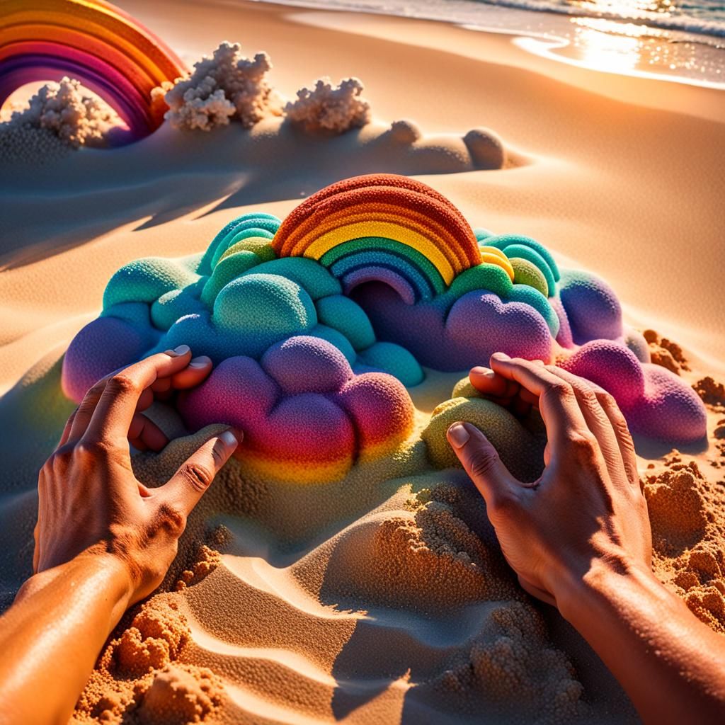 Rainbow Sand Sculpture on Beach in Digital Art