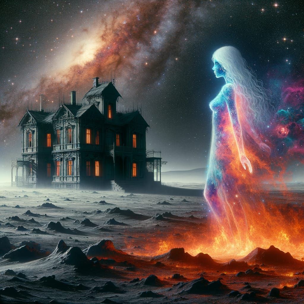 Ghostly Girl Watches Nebula from Haunted Asteroid House