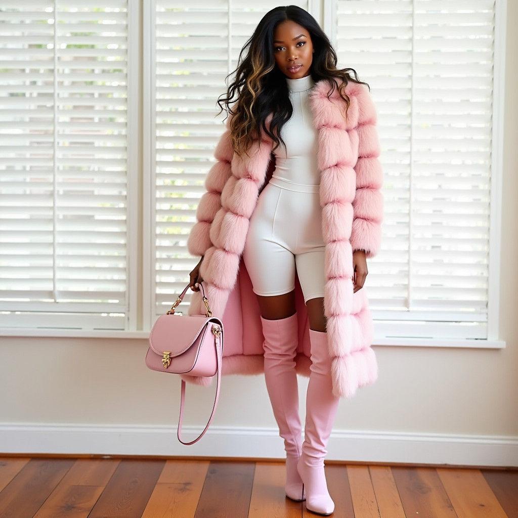 Elegant Woman in Pink Fur Coat, Fashion Photography