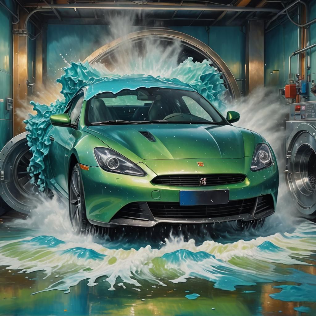 Sports Car in Washing Machine: Surreal Oil Painting