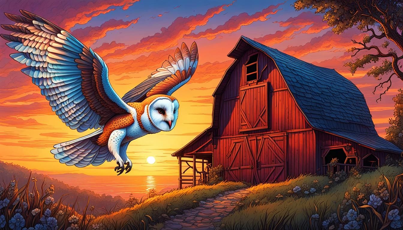 Fantastical Barn Owl Portrait at Sunset