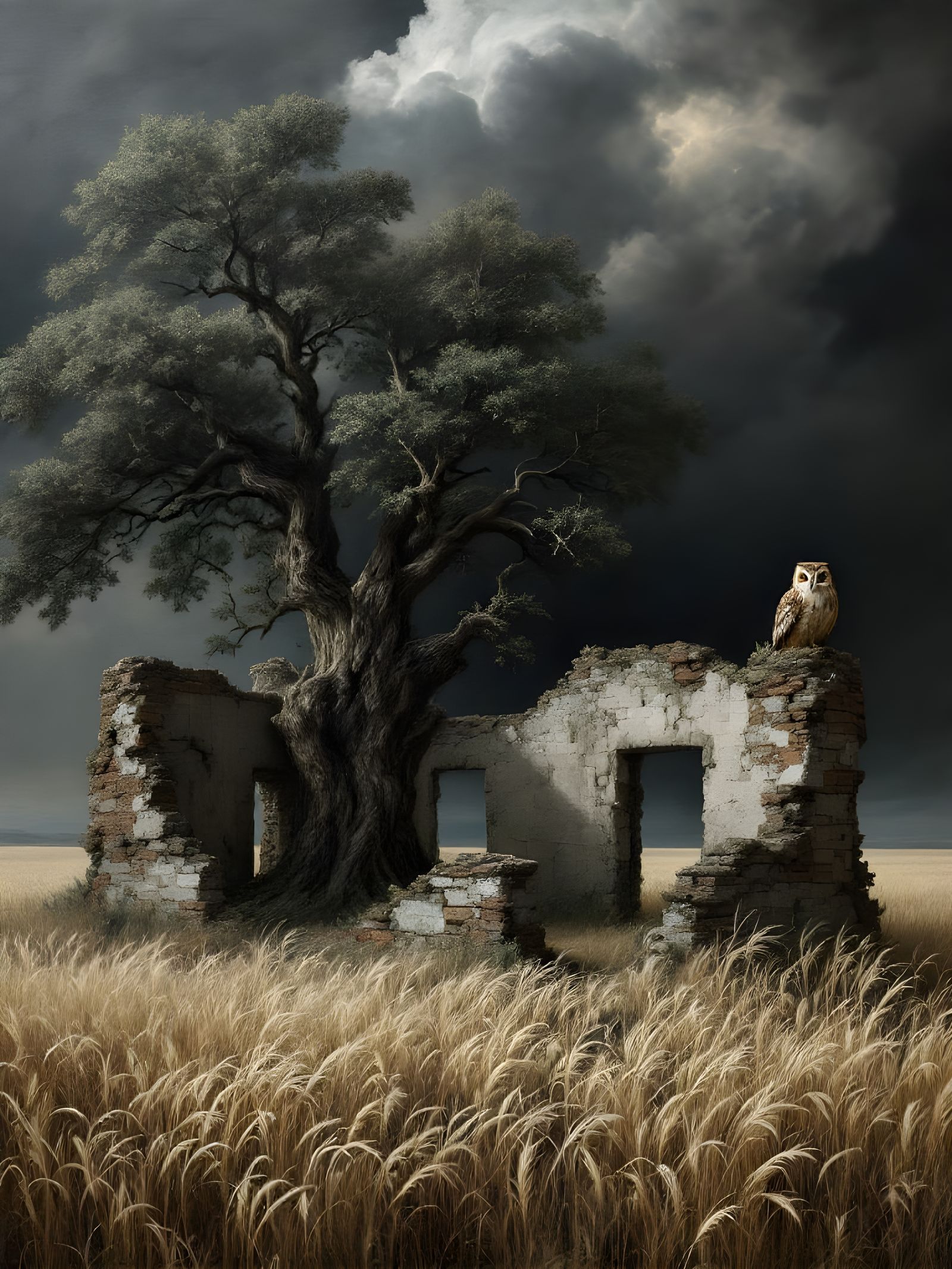 Abandoned House and Oak Tree in Stormy Light
