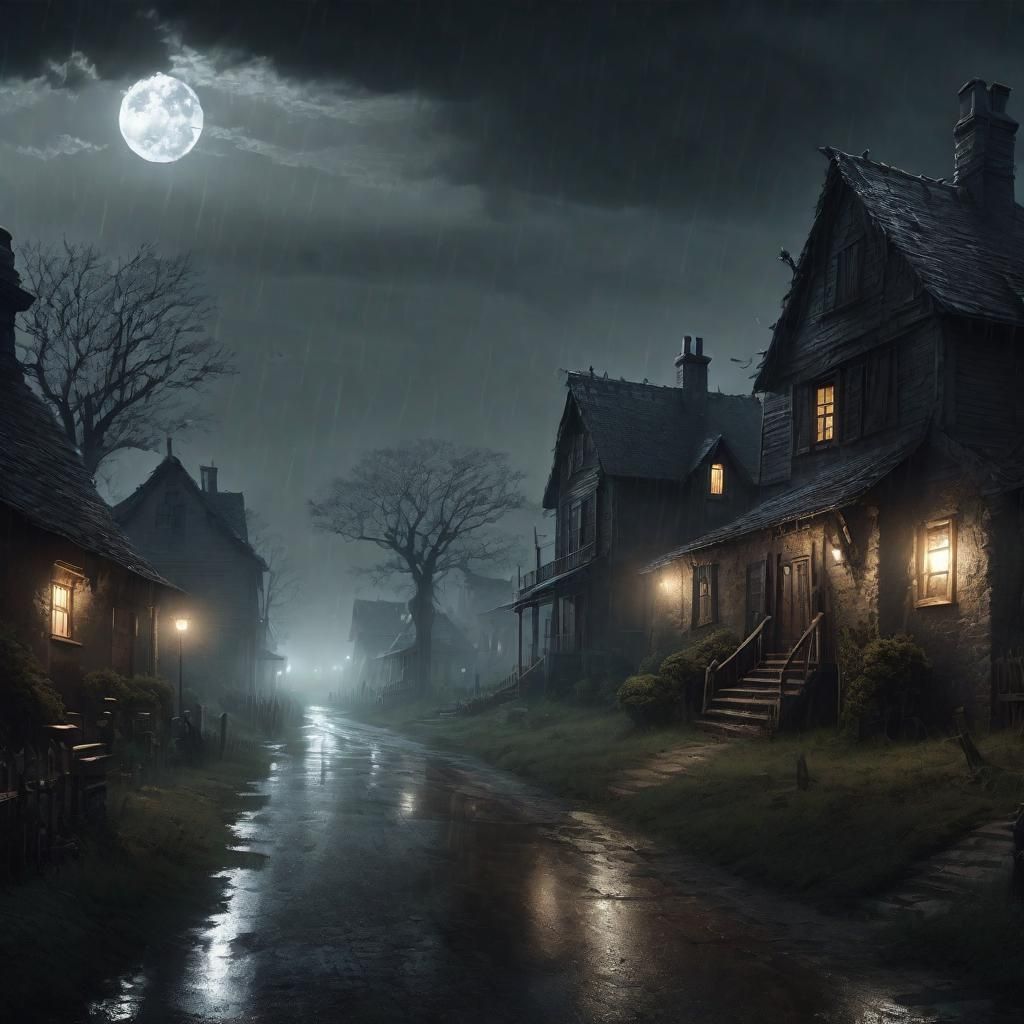 Eerie Haunted Village by Moonlight: Fantasy Art