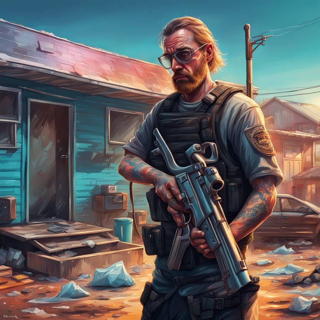 Hyperrealistic Scene: Addict Sweeping Trailer Park