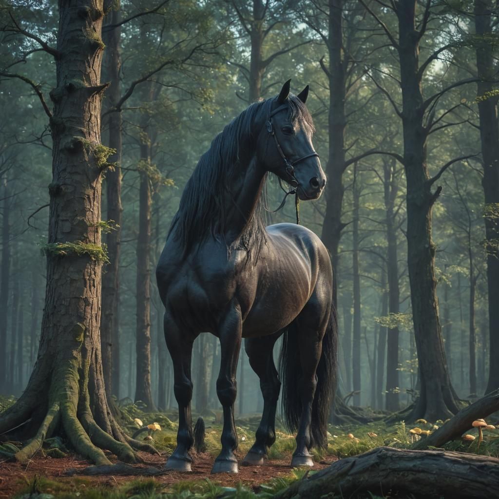 Majestic Friesian Horse in Dreamy, Glowing Forest