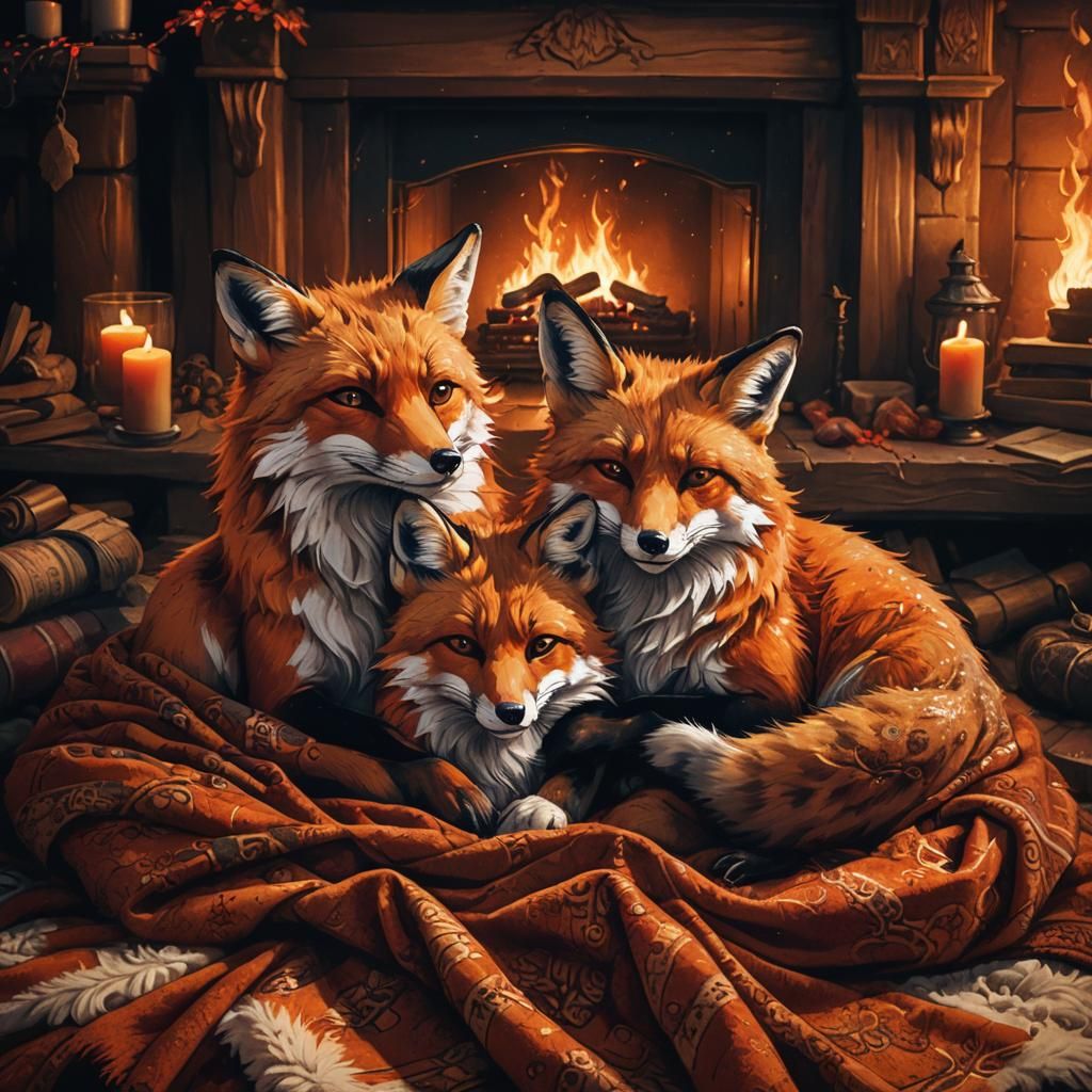 Cozy Foxes Cuddling in Front of Fireplace