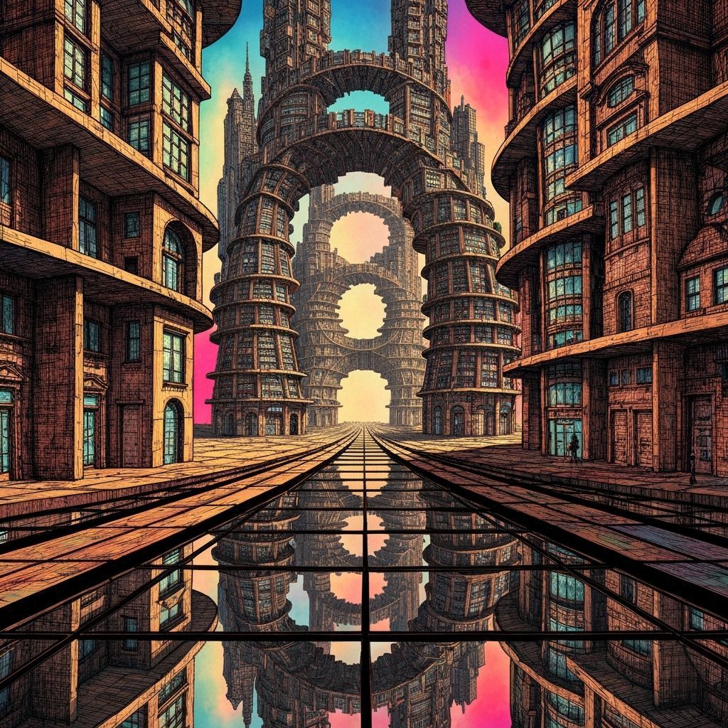 M.C. Escher..Spiral shelf Futuristic paradoxical art woodcut...