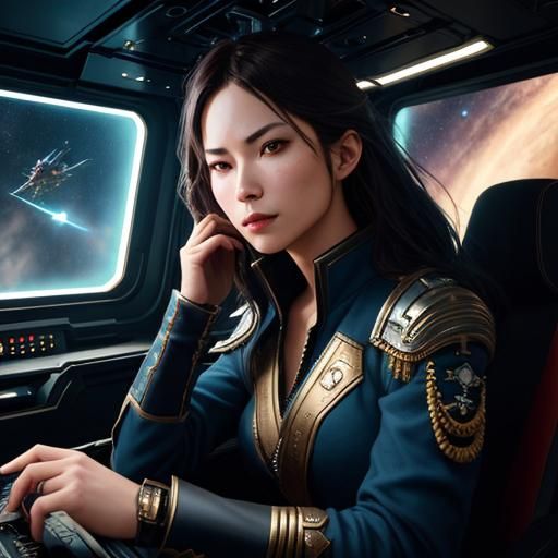 Space Pirate Captain on Spaceship Bridge: Detailed Portrait