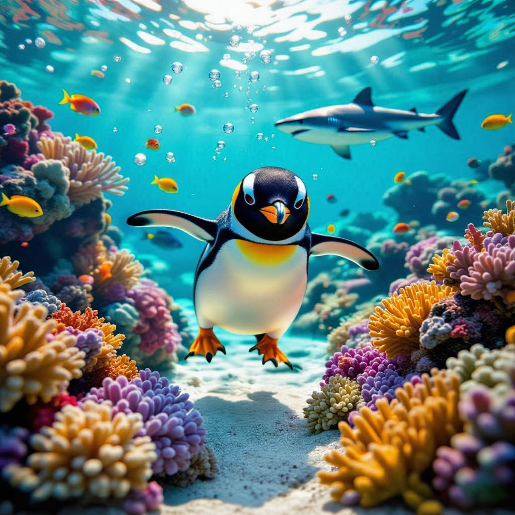 Penguin Swims Through Vibrant Coral Reef