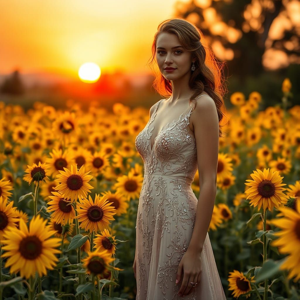 Elegant Woman in Sunflower Field at Sunset