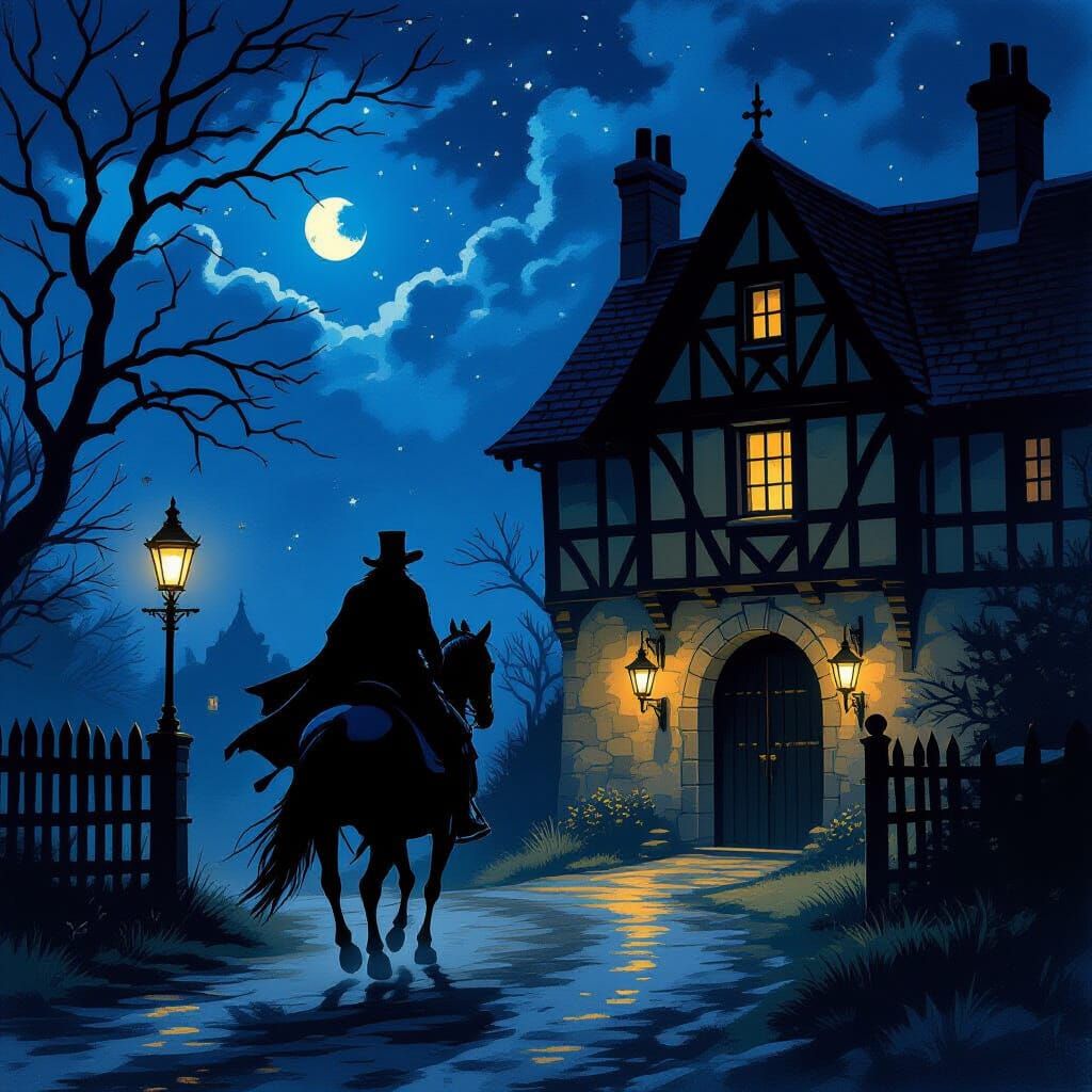 Highwayman Rides to Inn Under Starry Night