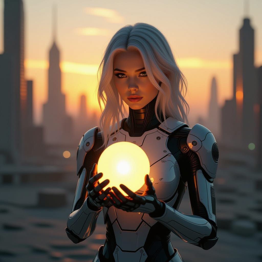 Cyborg in Futuristic Cityscape, Surrealist Digital Art