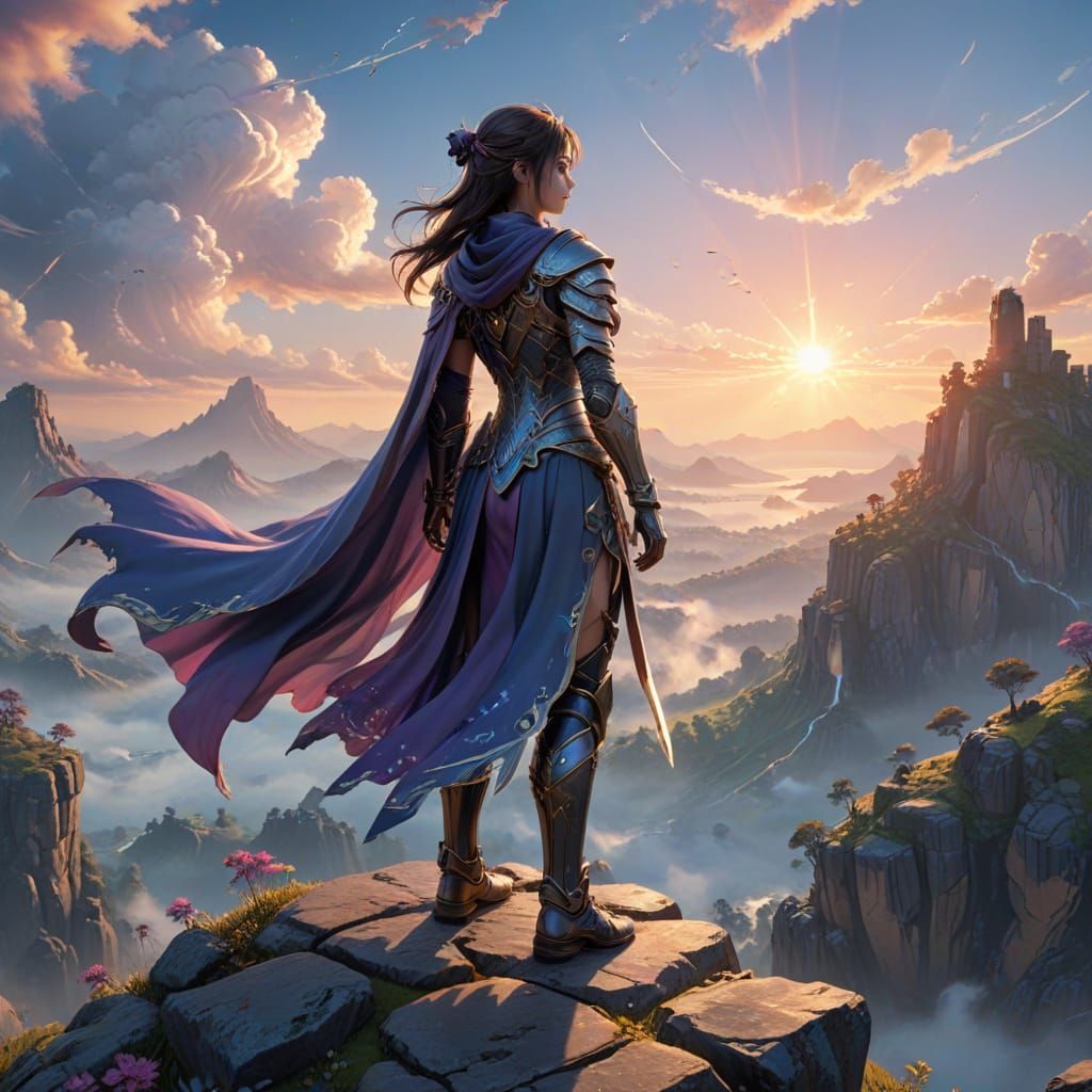 Warrior Overlooking Mystical Landscape in 3D Anime Style