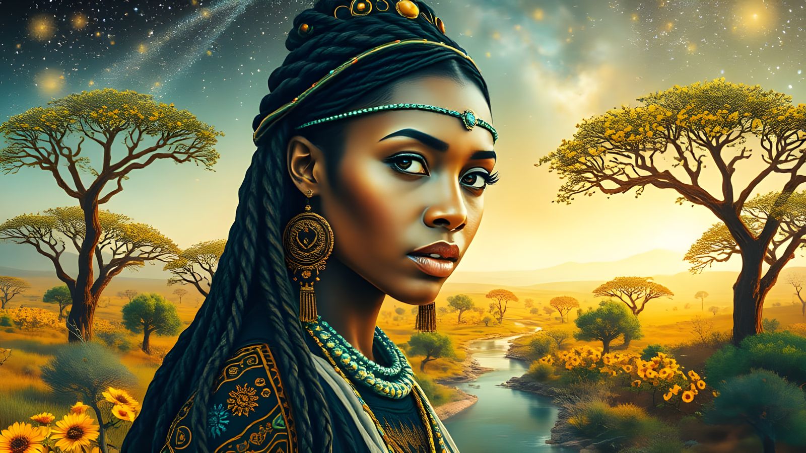 Sorceress Under Starlit Acacia Woodland in Vibrant Watercolo...