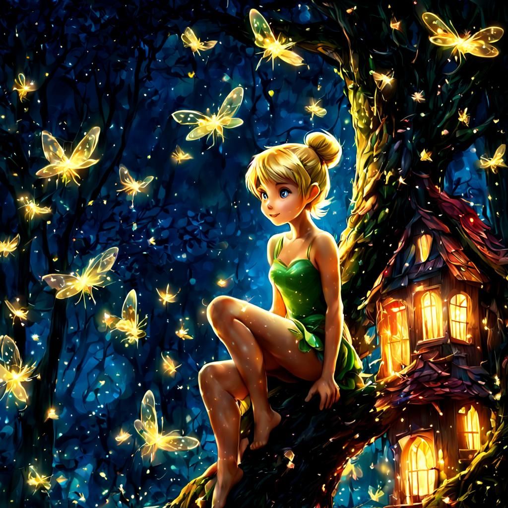 Tinkerbell Surrounded by Fireflies: Digital Art