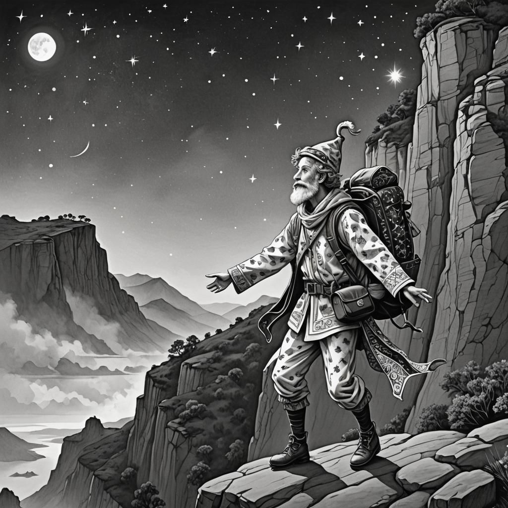 The Fool's Adventure: A Black and White Illustration