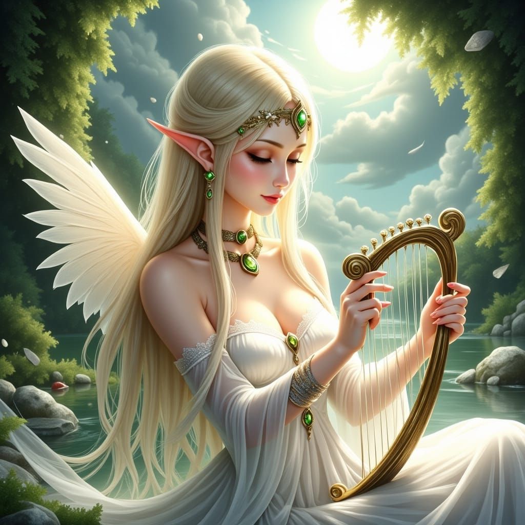Elf Playing Lyre in Moonlit Forest with Fairies
