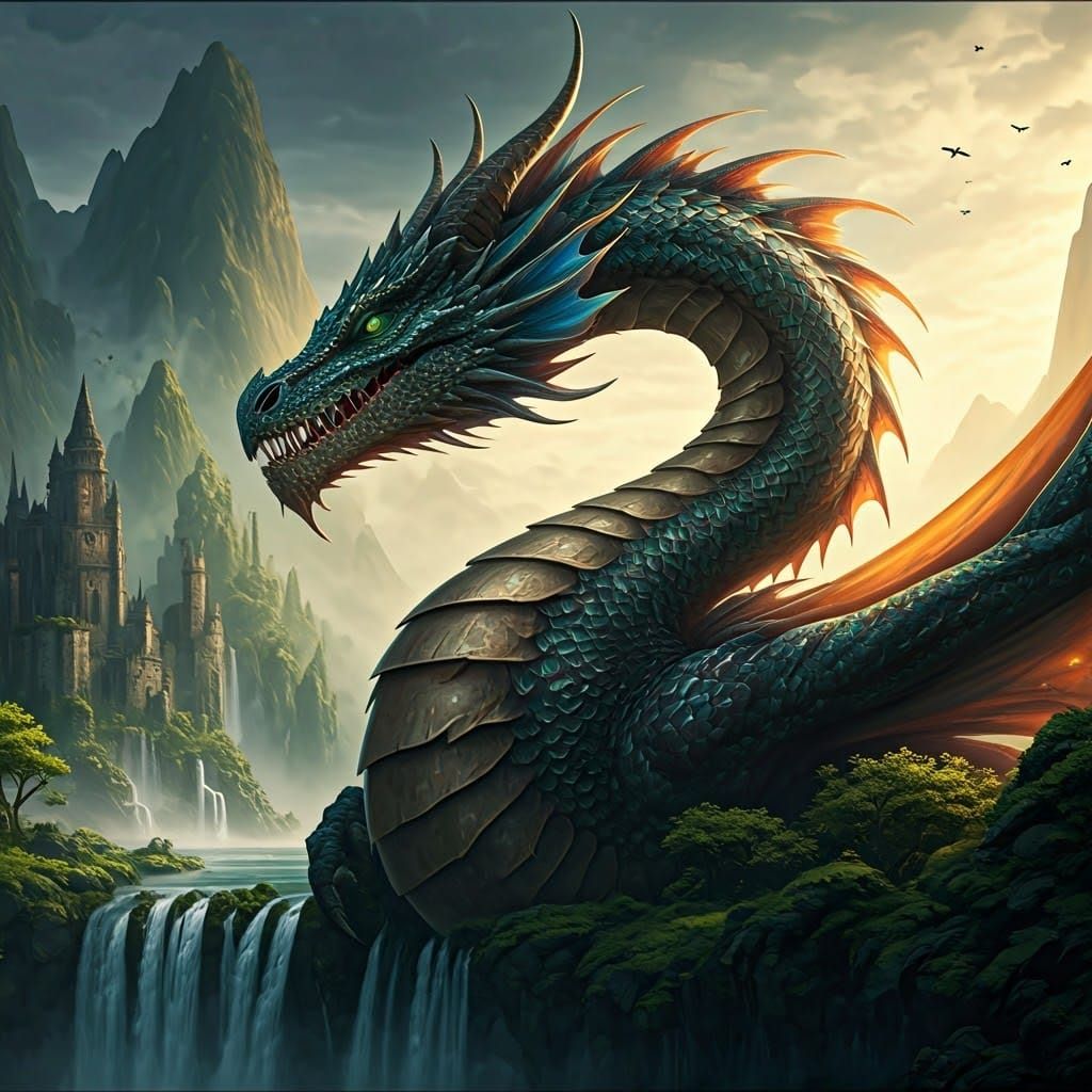 Colossal Dragon Overlooking Mystical Realm in 3D Style
