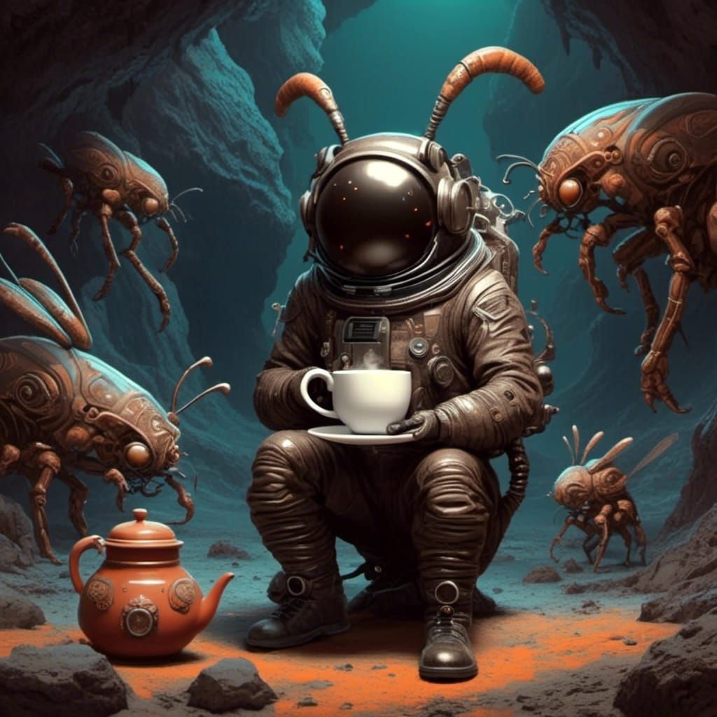 Astronaut's Tea Party with Bug Aliens in Cave