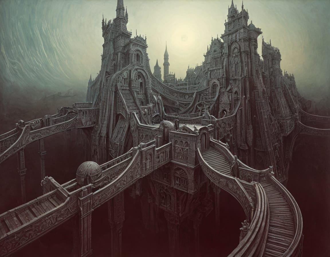 Surreal Alien Citadel with Twisted Drawbridges and Moats