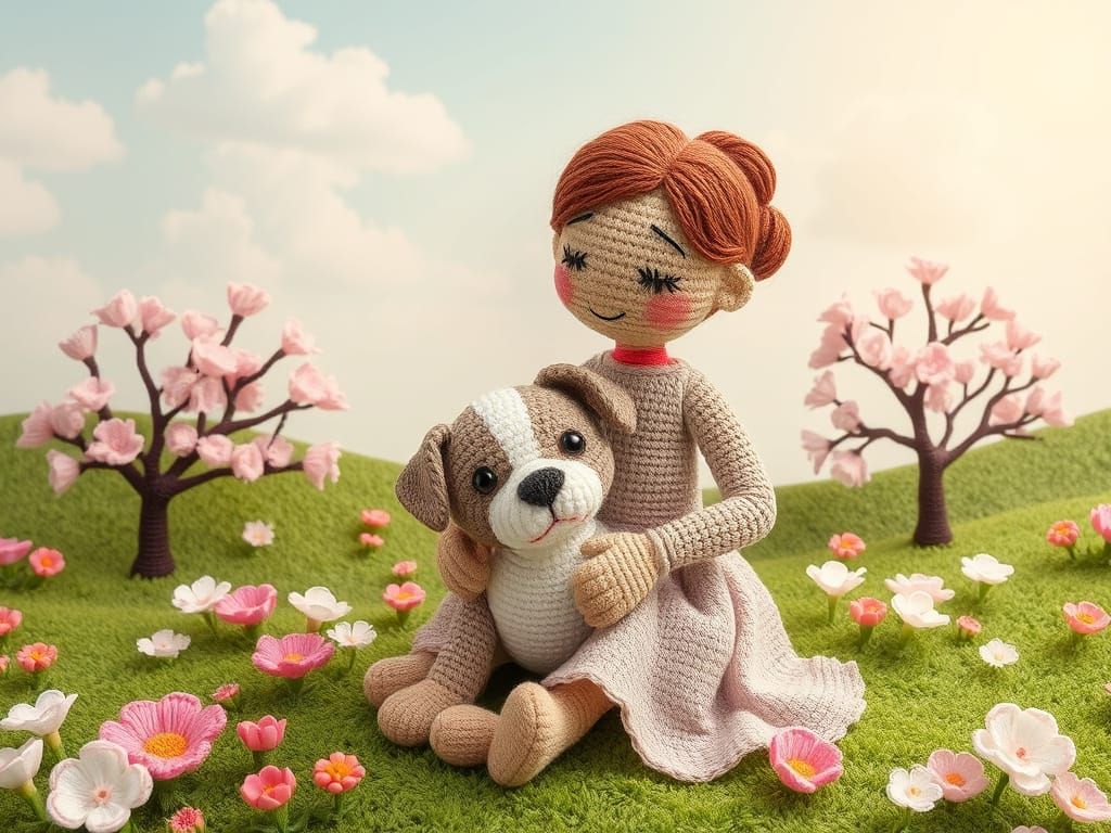 Whimsical Crocheted Woman and Puppy in Springtime Landscape