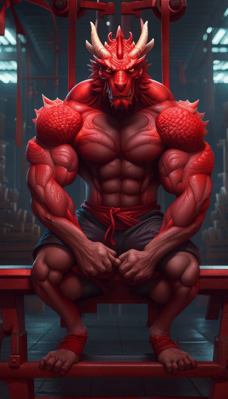 Red Dragon Bodybuilder Weightlifting: Fantasy Art
