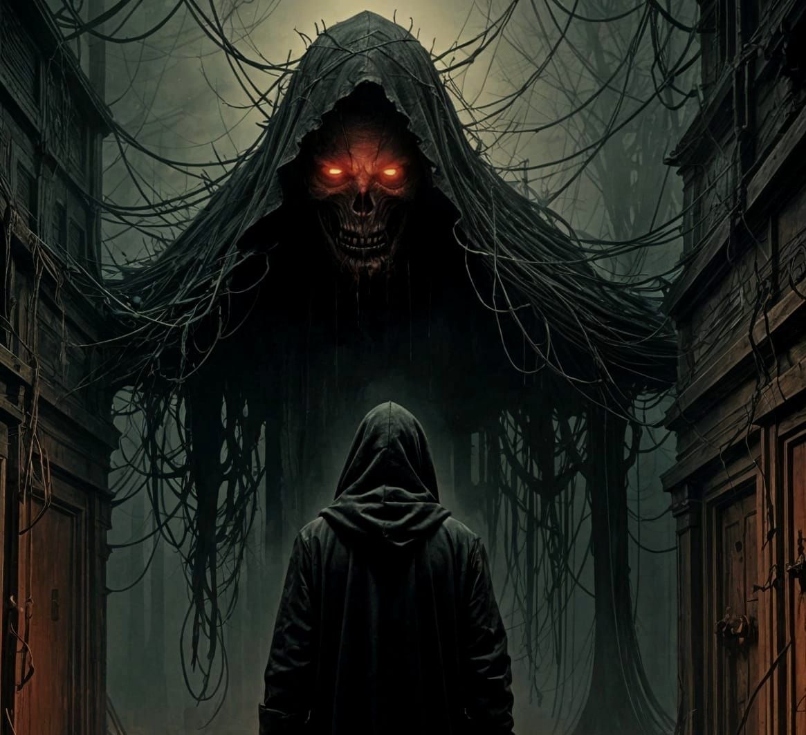 Ethereal Figure Blocks Dimly Lit Pathway