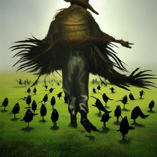 Surreal Scarecrow Mowing Crows, Oil on Canvas
