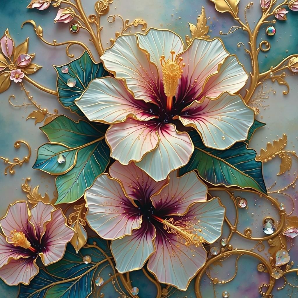 Iridescent 3D Hibiscus Flowers with Gold Detailing