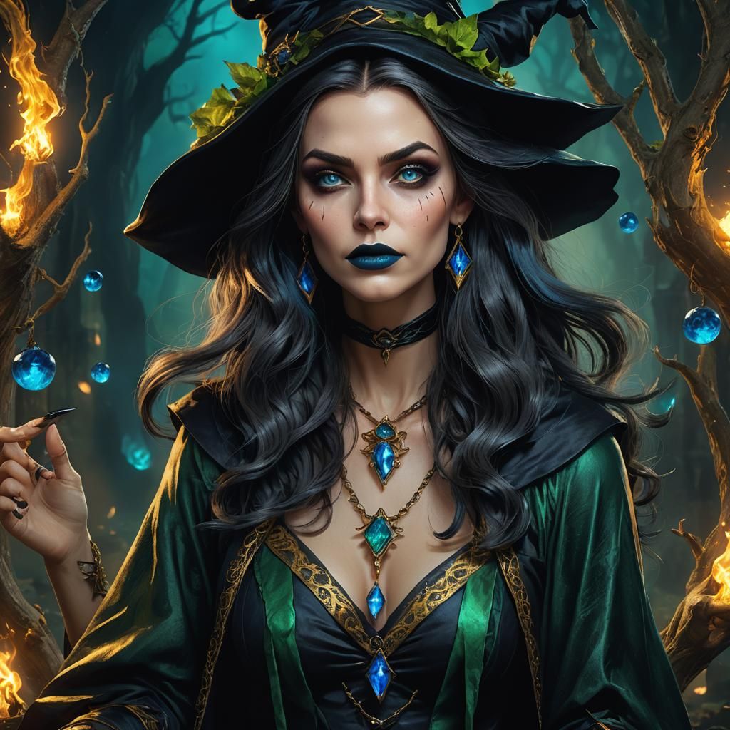 Hyperrealistic Witch with Expressive Eyes in Art Deco Style