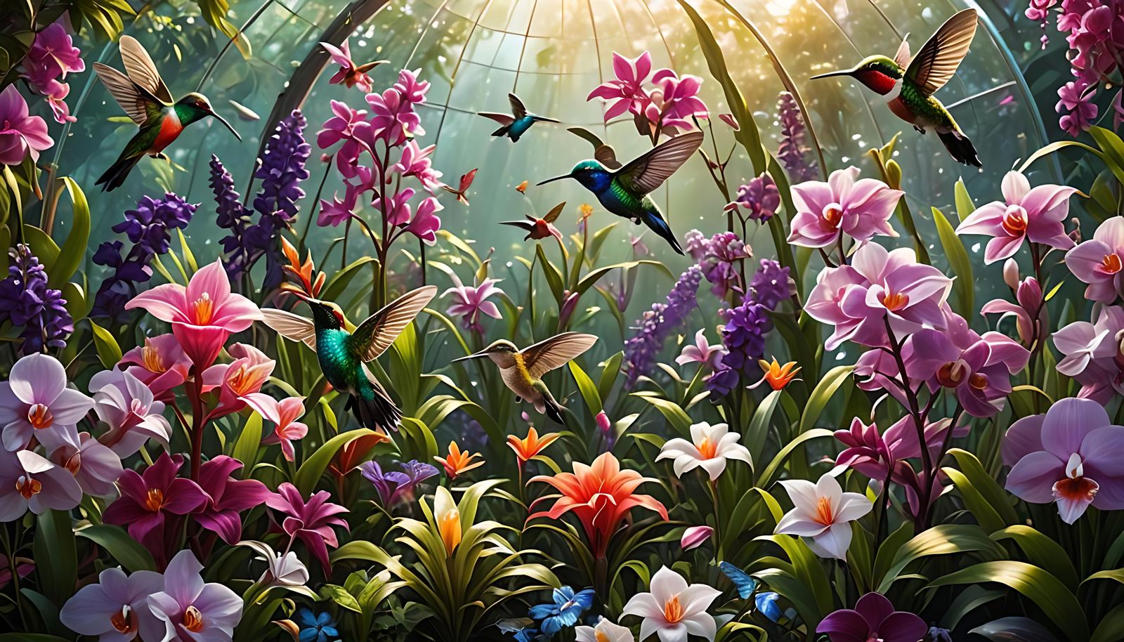 Flower Paradise Inside a Glass Dome with Hummingbirds