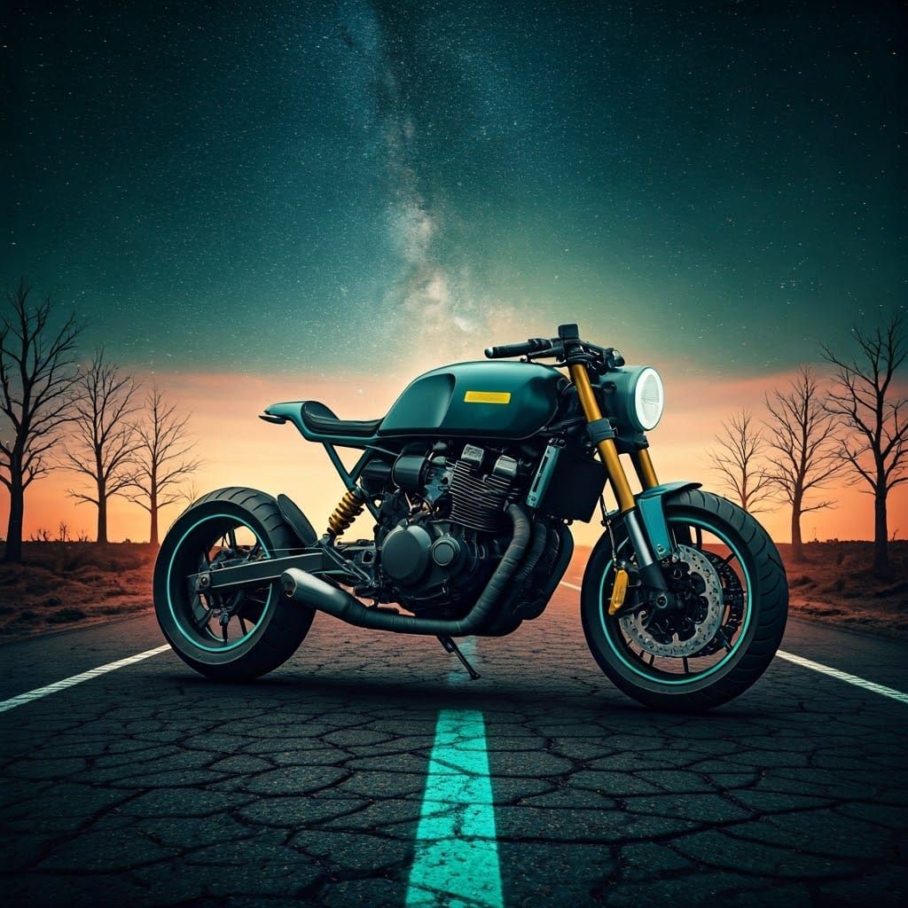 Dark Teal Motorcycle on a Desert Road at Sunset