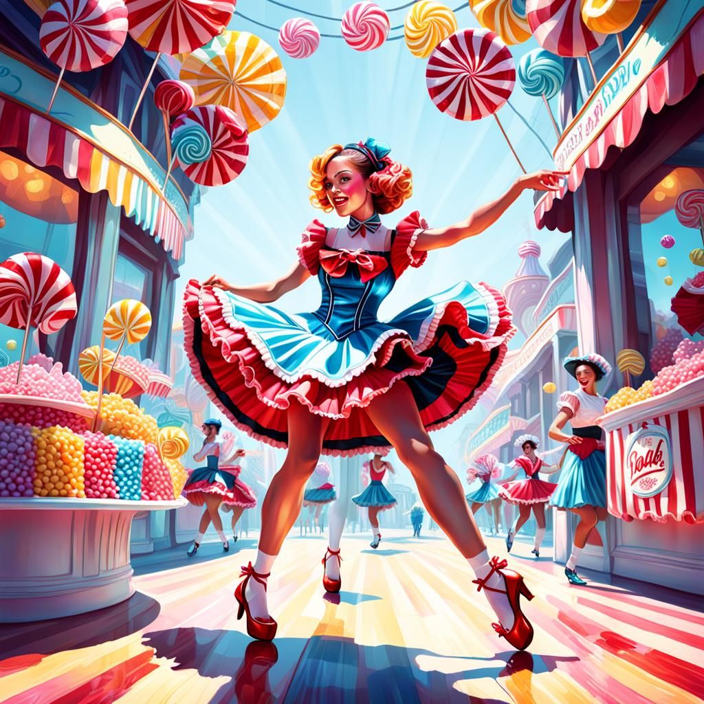 Whimsical Girl Dancing Cancan in Candy Art Style
