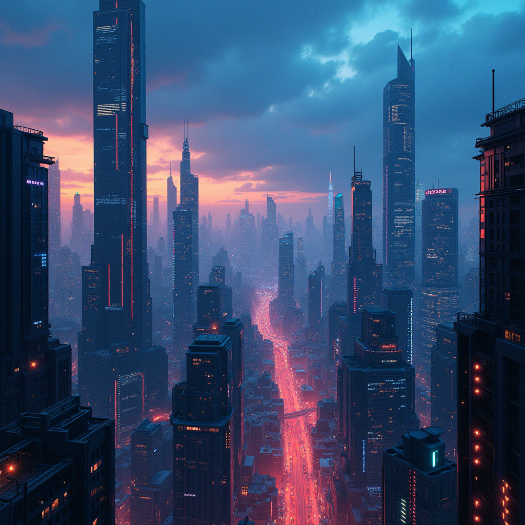 Futuristic Tech Cityscape at Dusk in 8K