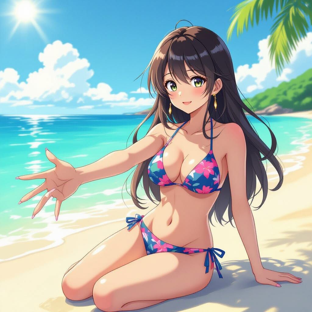 Anime Beach Scene: Woman with Long Nails in Bikini