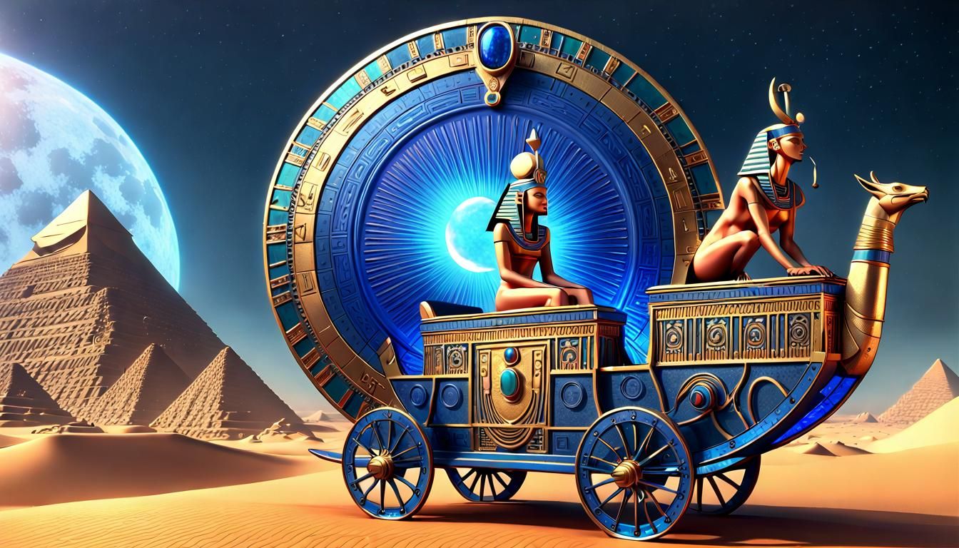 Egyptian Gods in Time-Traveling Chariot: 3D Render