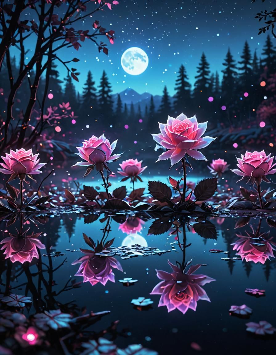 Holographic Snowflakes with Neon Lights and Roses