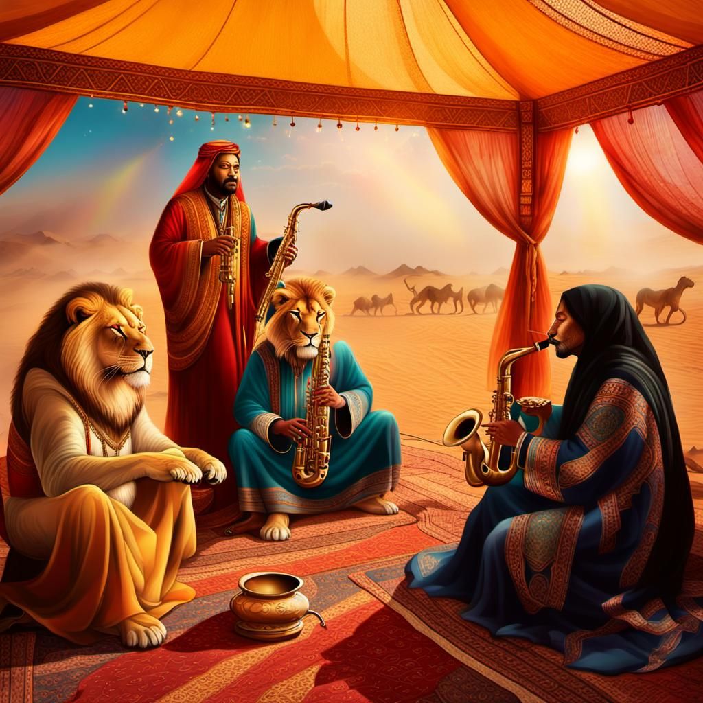 Lion Plays Saxophone in Sahara Desert Tent