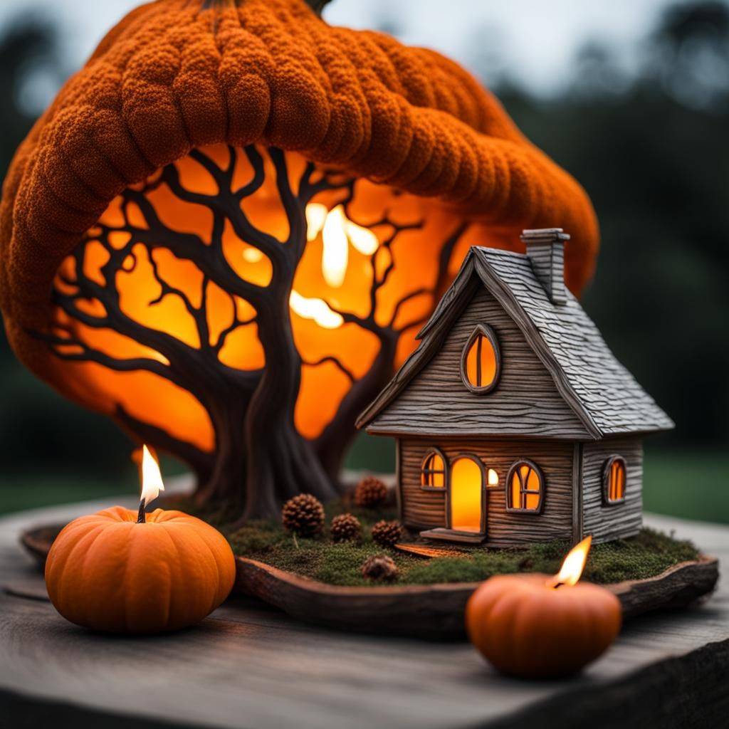 Pumpkin Carving of Tree Landscape with Candle