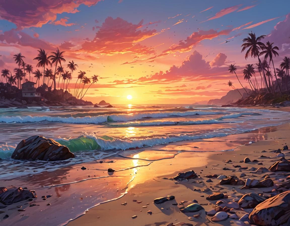 Sunset Beach in Alcohol Ink, Detailed Illustration