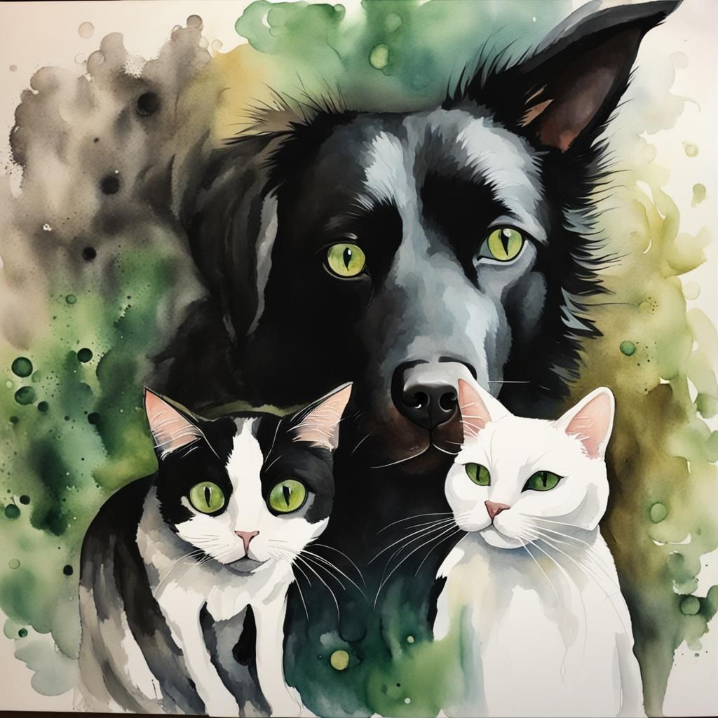 Watercolor Painting of Black Dog and White Cat