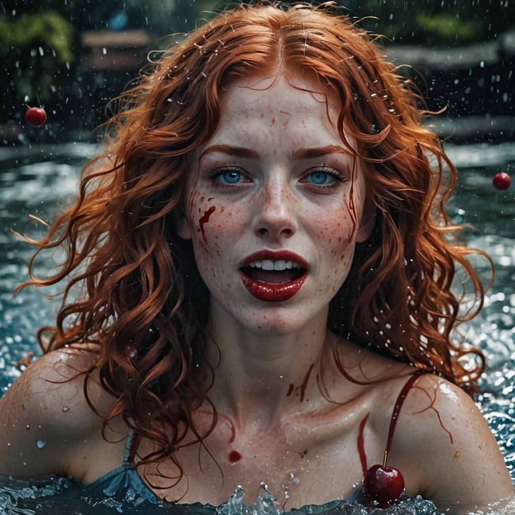 Red-Haired Girl Licking Cherry in 1960s Film Style