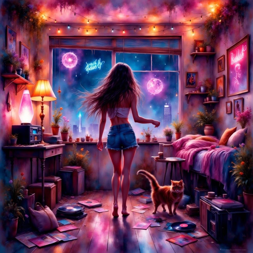 Synthwave Girl Dancing in Retro Bedroom with Cat