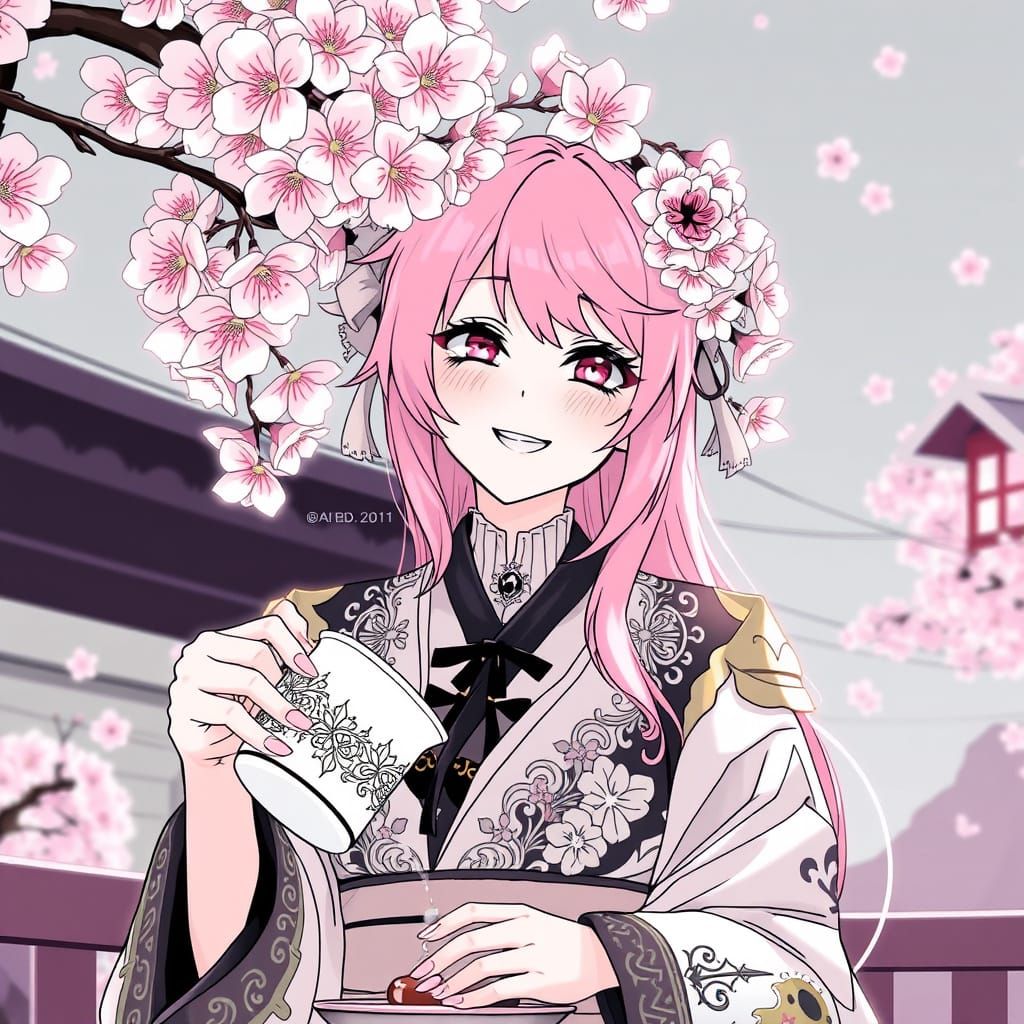 Gothic Anime Girl Sips Tea Under Cherry Blossoms in Stylized...