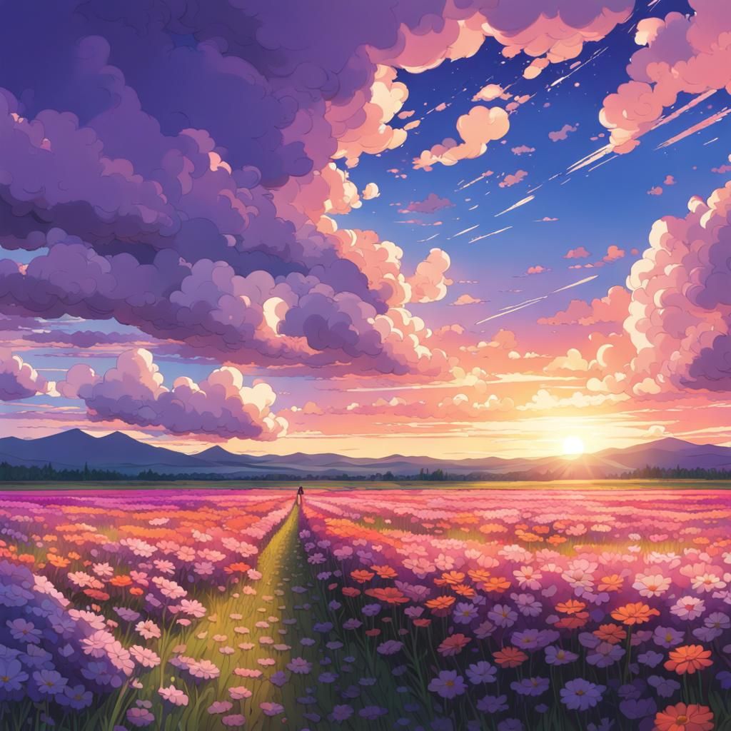 Anime Flower Field Sunset in Makoto Shinkai Style