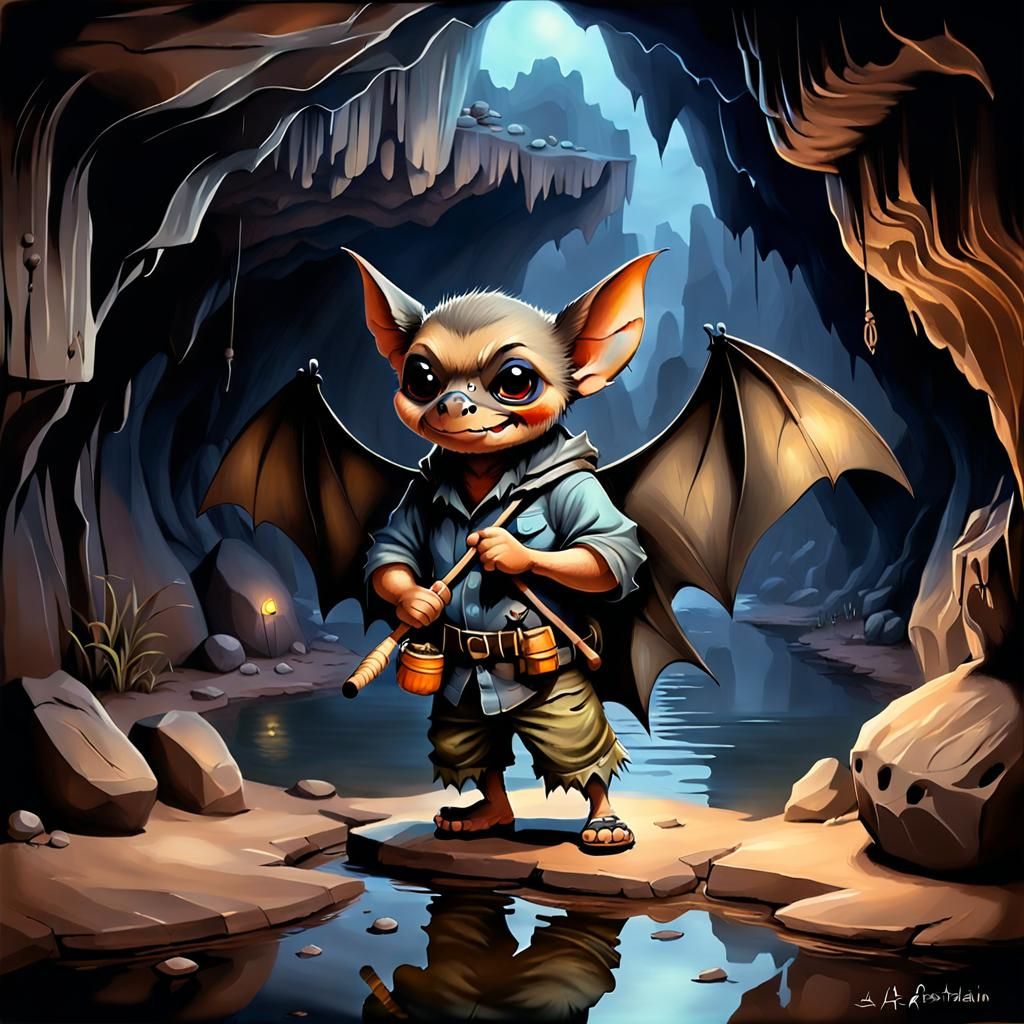 Chibi Bat Fisherman in Cave, Australian Tonalism