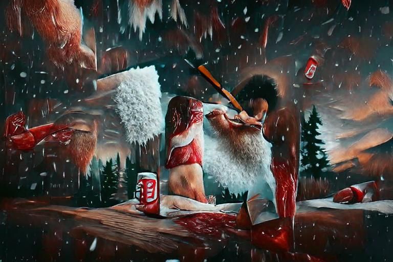 Santa Claus cutting up a bloody naked woman with an ax in the snow